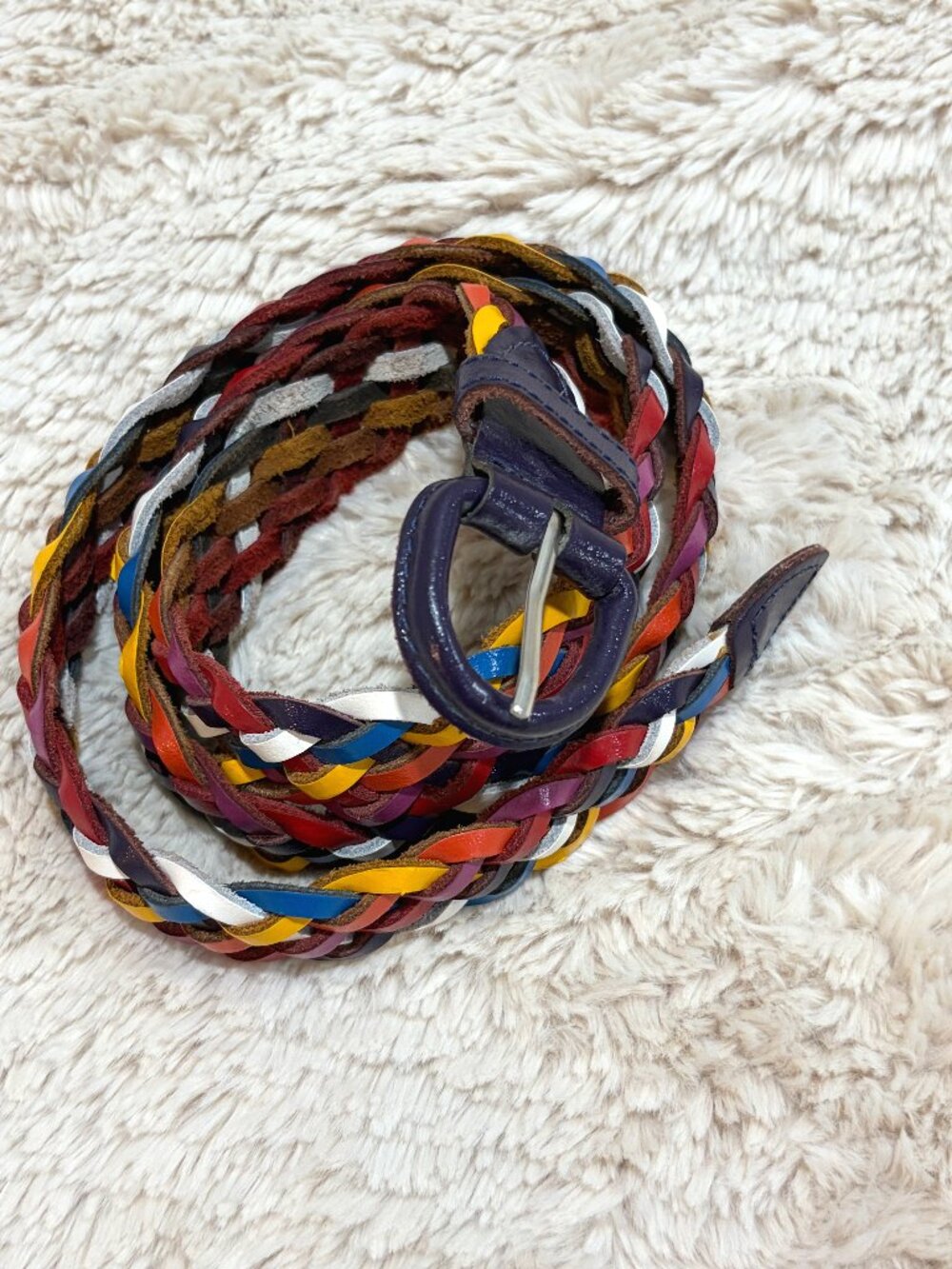 Rare Vintage 90s Braided Leather Belt Festival Retro Handmade Woven Boho Rainbow